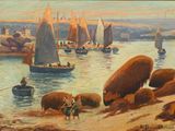 un tableau représentant des bateaux sur l'eau, avec des rochers au premier plan