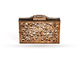 an antique wooden box with a floral design on the front