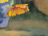 a painting of flowers in a blue vase on a table