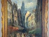 an oil painting of a street scene with a horse drawn carriage in the foreground