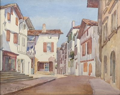 a painting of a street with buildings on both sides