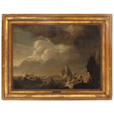 un tableau représentant des bateaux sur une mer agitée, sous un ciel nuageux
