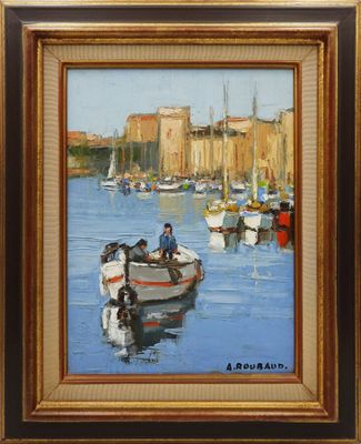 une peinture à l'huile représentant un homme dans une petite embarcation dans un port
