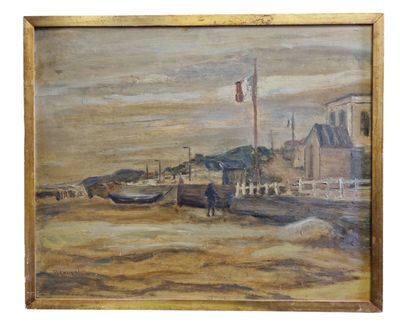 une peinture à l'huile représentant une scène de plage avec des bateaux et des personnages
