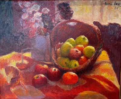 a painting of a bowl of fruit on a table