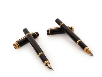 une paire de stylos à plume noir et or sur une surface blanche