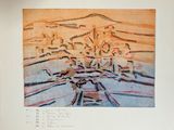 drawing of a landscape with a mountain in the background
