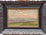 an oil painting of a landscape with a mountain in the distance