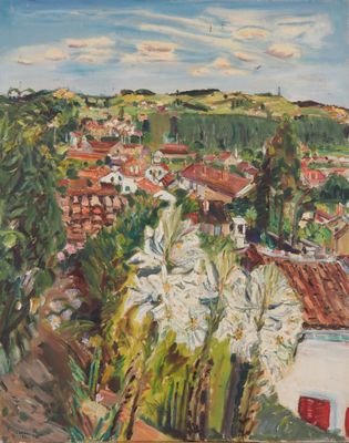 une image d'une peinture représentant une vue d'une ville depuis une colline