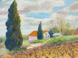 une peinture à l'huile représentant un vignoble avec une maison et des arbres en arrière-plan