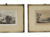 two framed prints of trees and a river in a gold frame