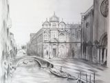 drawing of a canal with gondolas and a clock tower in the background
