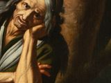 painting of an old woman leaning against a tree with her hand on her chin