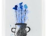 a drawing of a vase with blue flowers in it