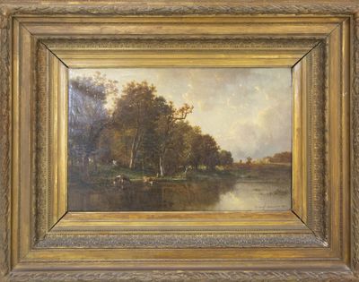 une peinture à l'huile représentant une scène fluviale avec des arbres et une maison