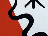 an image of a painting of a snake on a red and white background