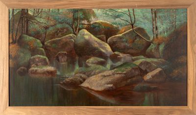 an oil painting of rocks and water in a wooded area