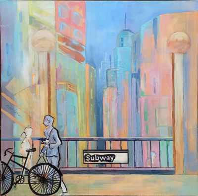 a painting of a man on a bike next to a woman