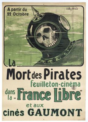 a poster advertising a movie with a skull in a diving helmet