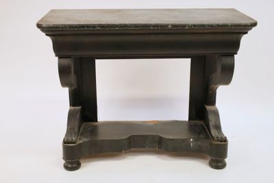 an old wooden table with a marble top on a white background