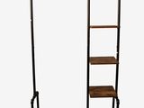 a wooden and metal rack with shelves on wheels on a white background