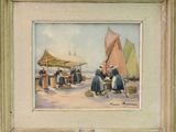 a painting of a group of people on the beach