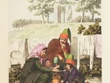 a drawing of a man and a woman sitting on the ground