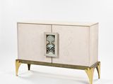an image of a white cabinet with gold legs and a glass door