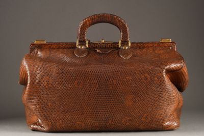 an image of a brown snake skin bag on a gray surface