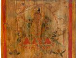 a painting of a buddha on a wooden panel with a red border