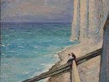 une peinture à l'huile représentant une personne debout sur un rebord près de l'océan
