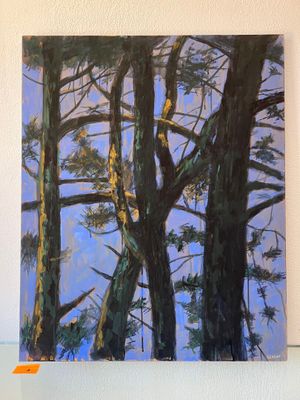 un tableau représentant un oiseau perché sur un arbre