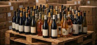de nombreuses bouteilles de vin sur une palette dans un entrepôt