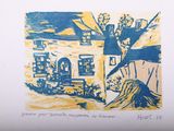 un dessin bleu et jaune représentant une maison sur une colline