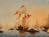 tableau représentant des bateaux sur un plan d'eau, avec une ville en arrière-plan