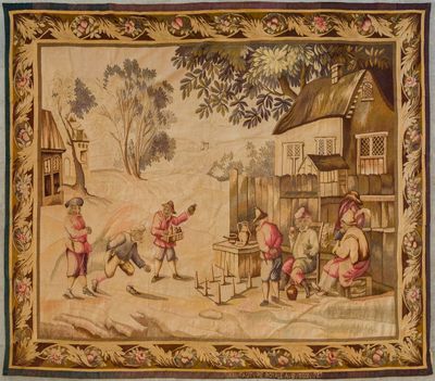 an image of a tapestry with a painting of a village scene on it