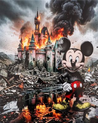 mickey mouse in front of a castle with a fire in the background
