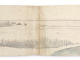 un vieux livre avec, en arrière-plan, le dessin d'une rivière