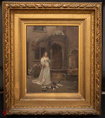 un vieux tableau représentant une femme en robe blanche avec un chien