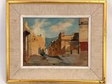 an image of a painting of a street scene with buildings in the background