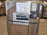 a metal cart with a sign on it in a warehouse