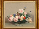 a painting of flowers in a vase on a table
