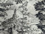 an old drawing of a castle in the middle of a forest