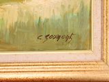 an oil painting of sheep grazing in a field of green grass