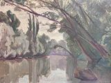 a painting of a river with trees and rocks in the water