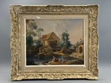 un tableau représentant une scène fluviale avec une maison et un bateau