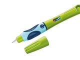 a close up of a pen with a green handle and a blue tip