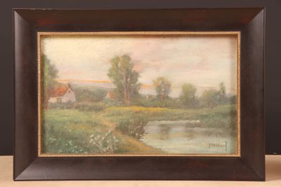 une peinture à l'huile représentant un paysage avec une rivière et une maison au loin