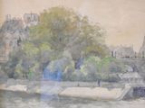 a picture of a painting of a river and a bridge