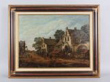 an oil painting of a village scene with a horse drawn carriage